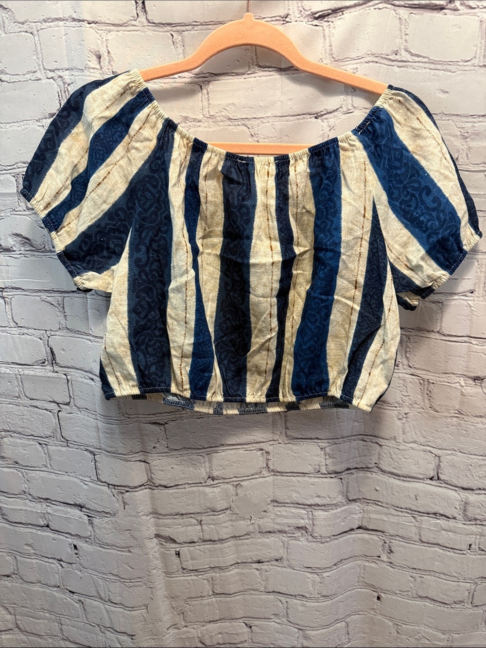 Striped Navy and Cream Off-Shoulder Crop Top - Picture 7 of 8
